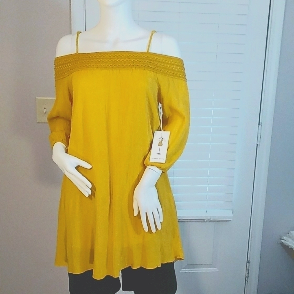 Purple Snow Mustard Yellow Spaghetti Strap Off Shoulder Mini Dress Blouse Size S - Picture 2 of 15